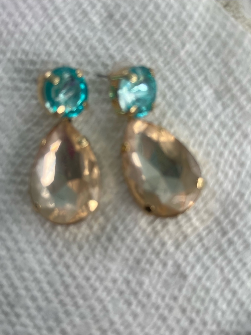Gold Teardrop Crystal Drop Earrings with Aqua Stud
